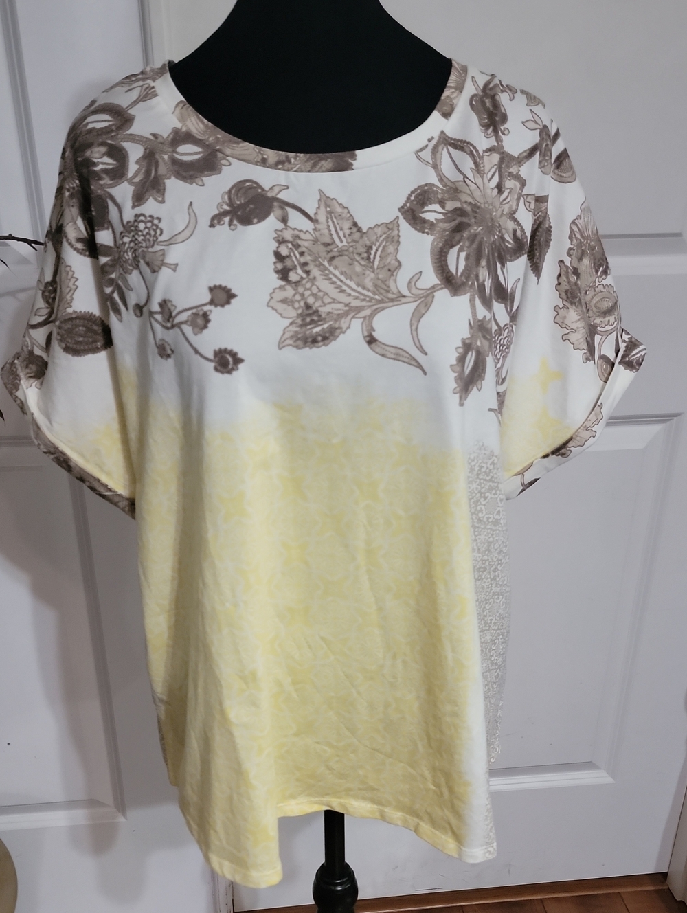 Appleseed's Yellow Ombre Short Sleeve Tee with Brown Floral Print